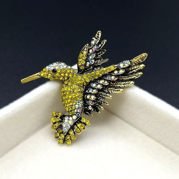 Yellow Gold with Yellow Citrine and White AB Crystal Hummingbird Pin Back Brooch - Picture 2 of 7
